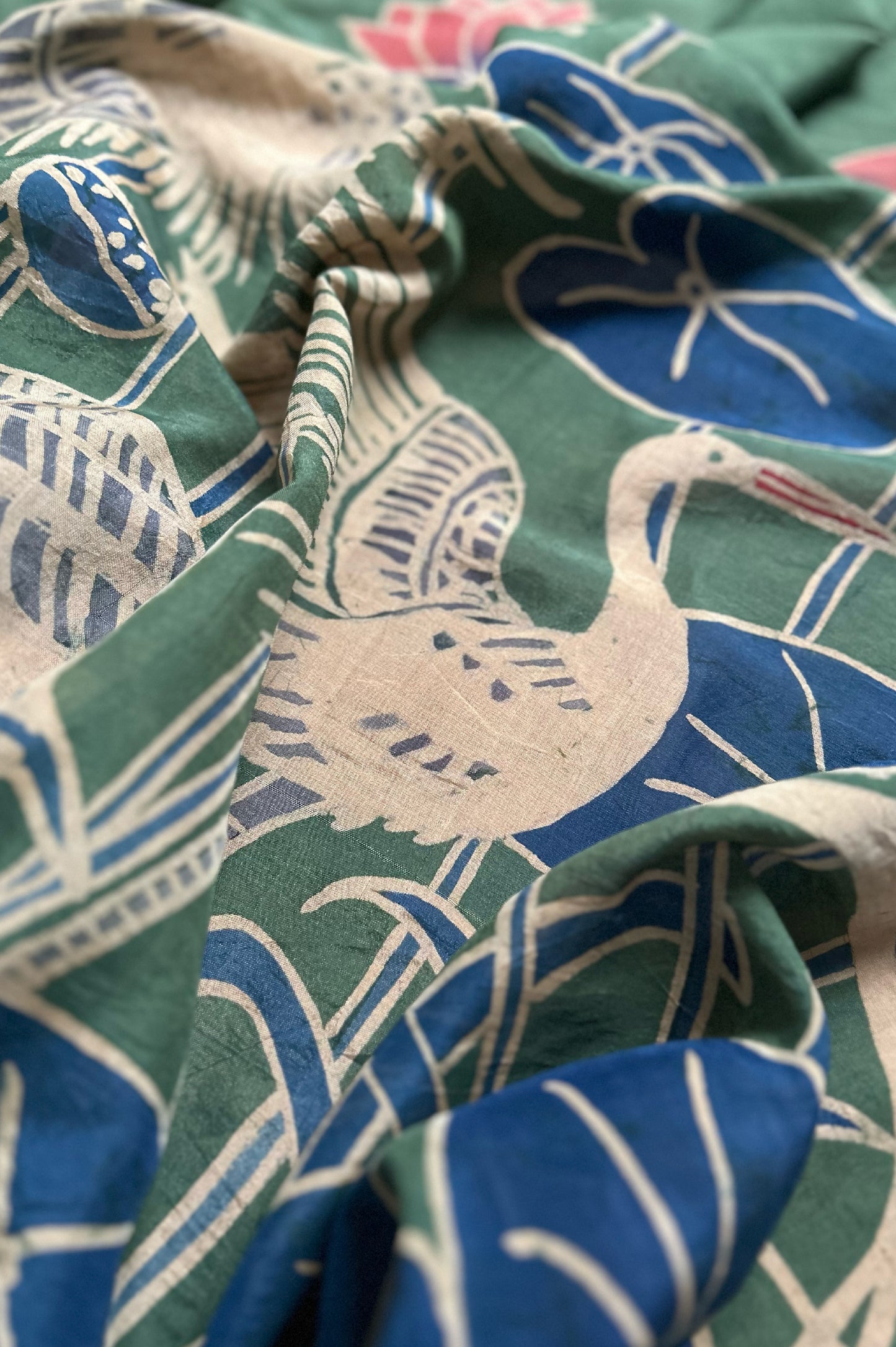 Forest Green Mangalagiri Silk Cotton Saree with Batik Art