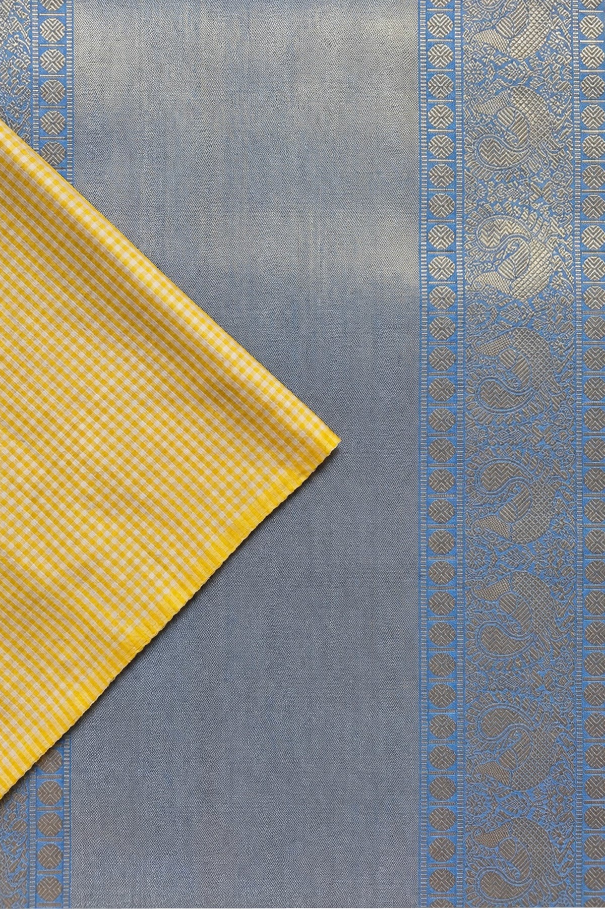 Mustard yellow and off white micro checks sari with grey pallu and blouse