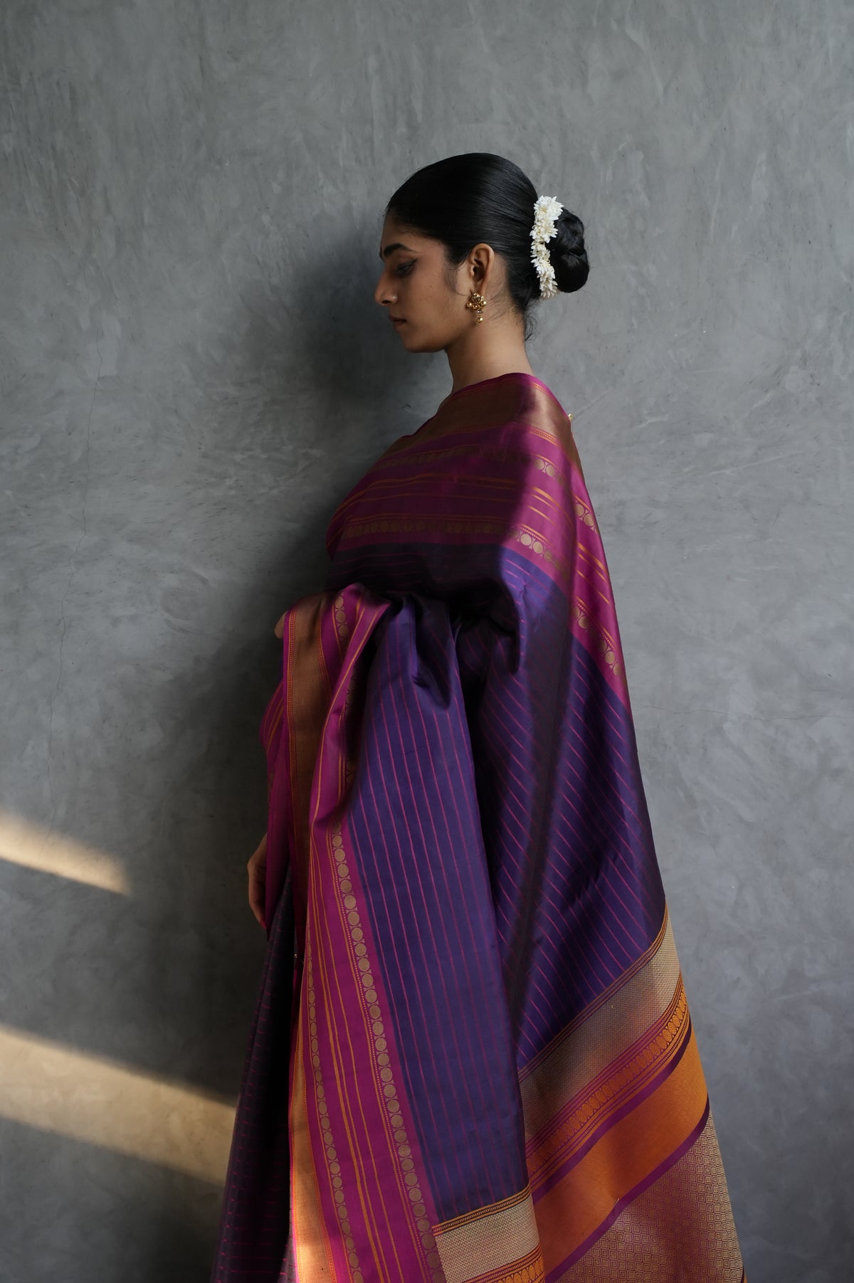 Deep Aubergine Purple Kanjivaram Silk Saree with Magenta Pink Stripes and Contrast Border