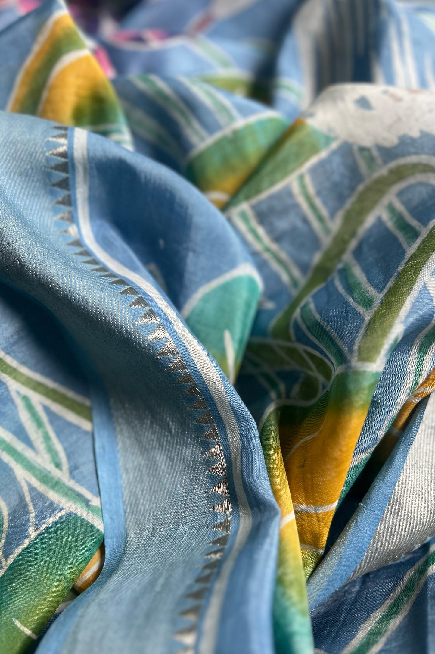 Powder Blue Mangalagiri Silk Cotton Saree with Batik Art