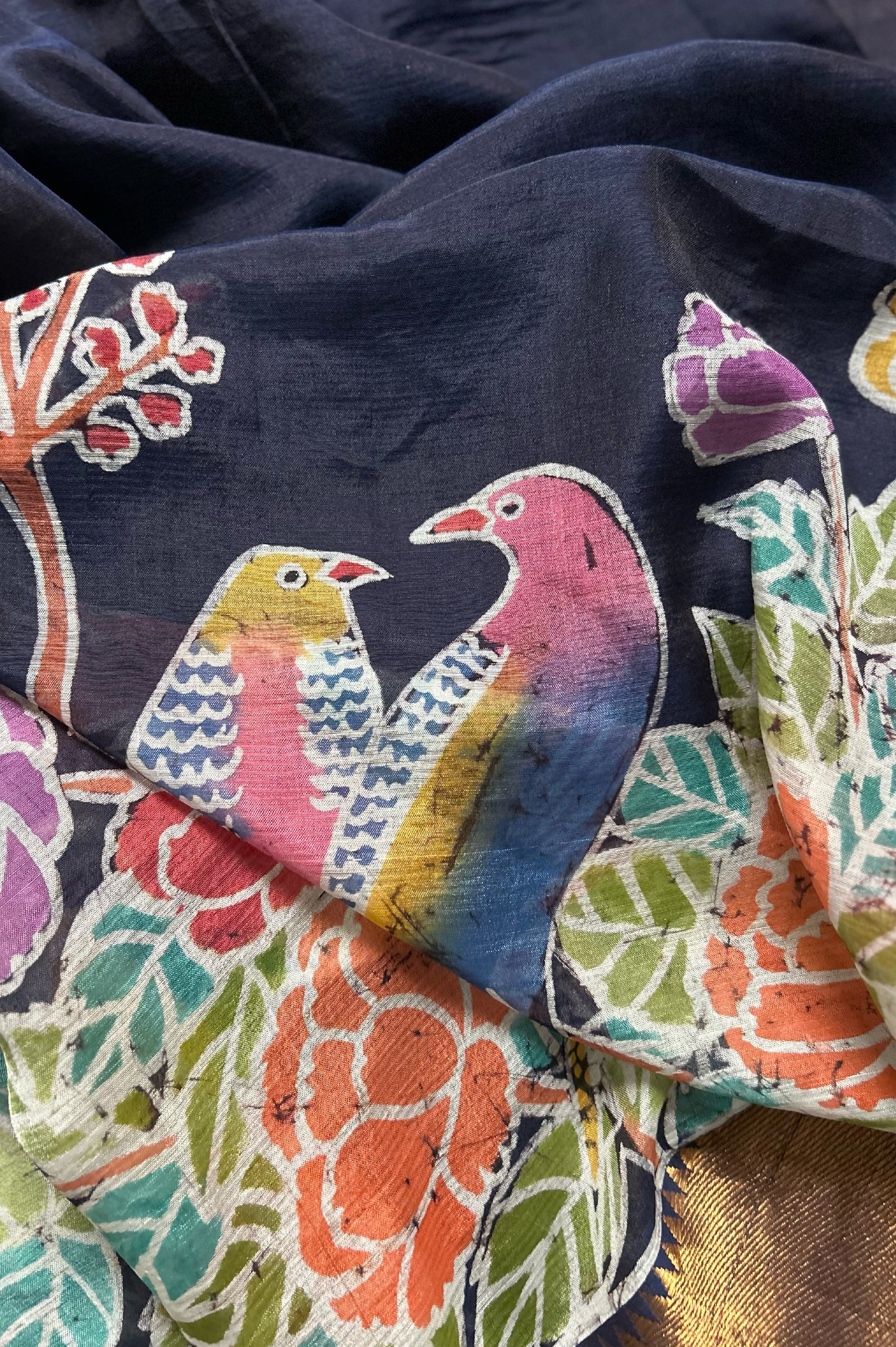 Deep Blue Mangalagiri Silk Cotton Saree with Batik Art