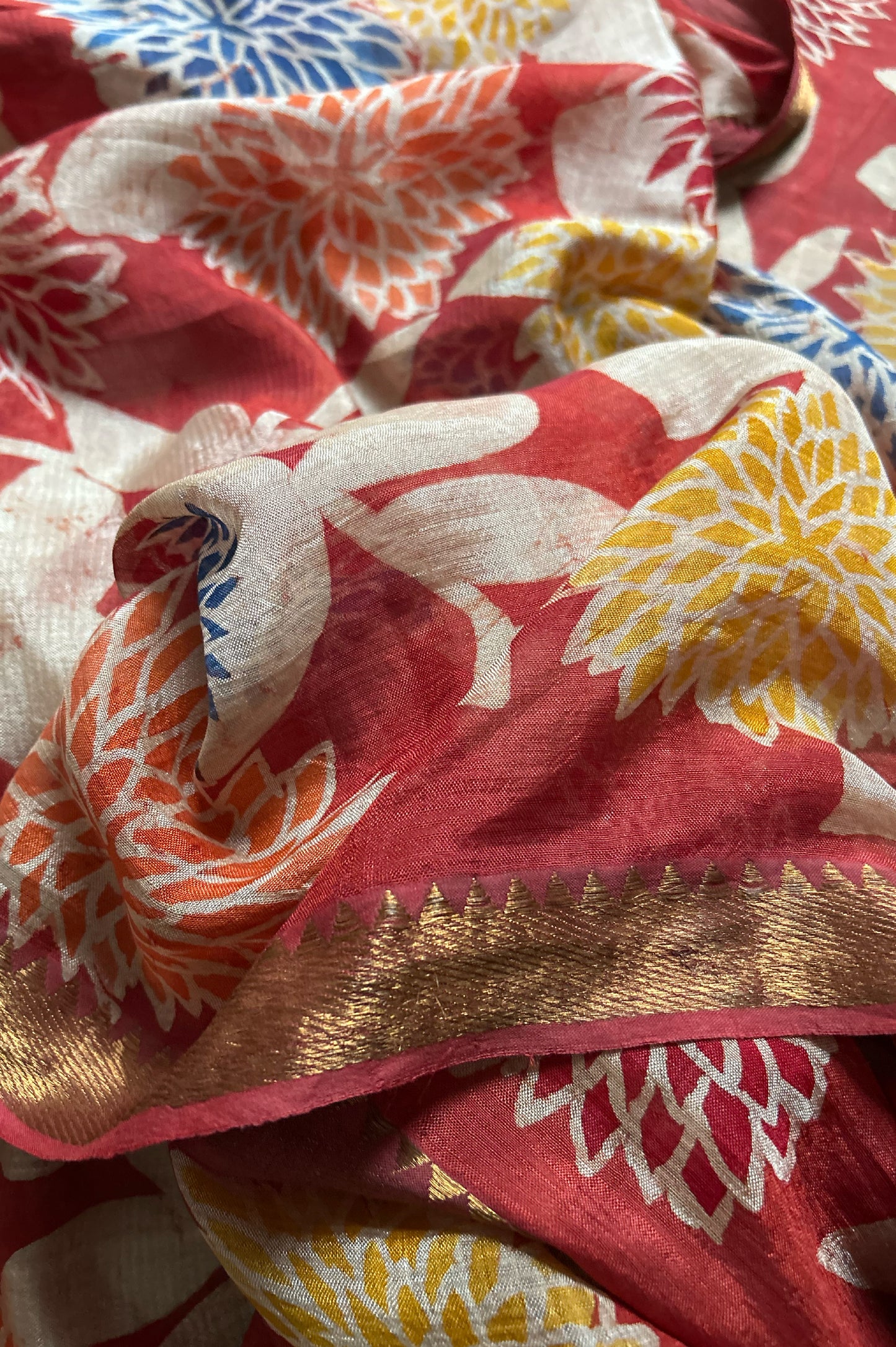 Red Mangalagiri Silk Cotton Saree with Batik Art