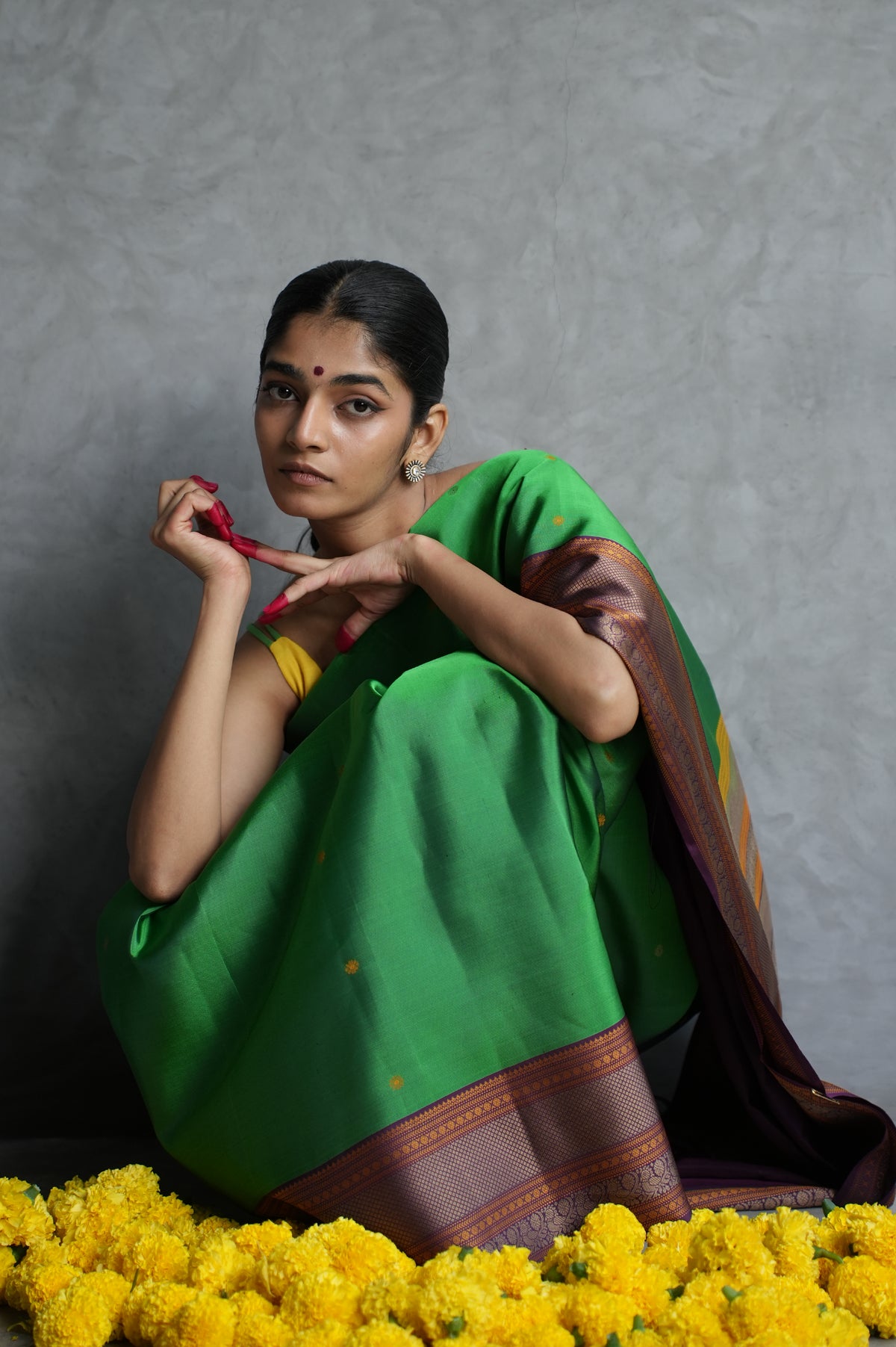 Vibrant Leaf Green Kanjivaram Silk Saree with Deep Plum Thread Work Border