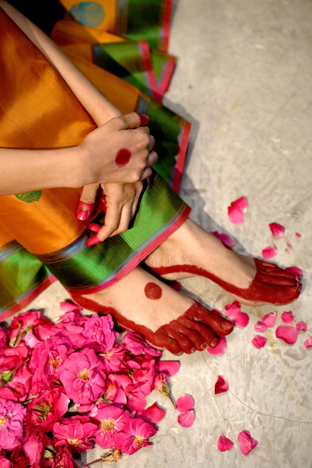 Marigold Orange Kanjivaram Silk Saree with Turquoise and Green Buttas and Contrast Green Border