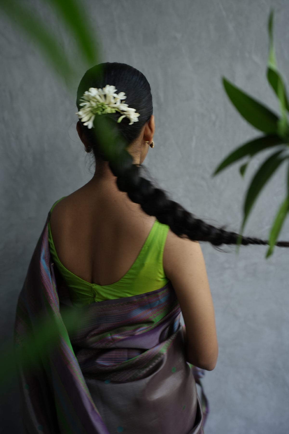 Muted Mauve Grey Kanjivaram Silk Saree with Multicolour Thread Work Border