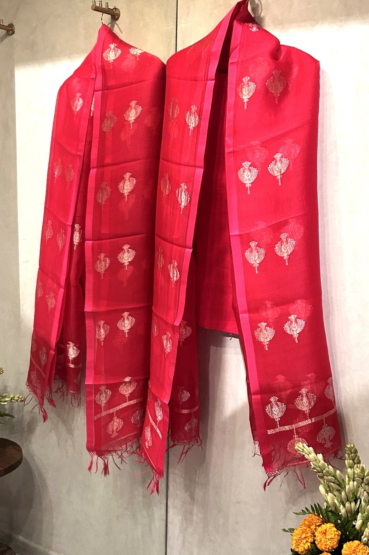 Bright Red Raw Silk and Banaras Organza Unstitched Salwar Suit Fabric