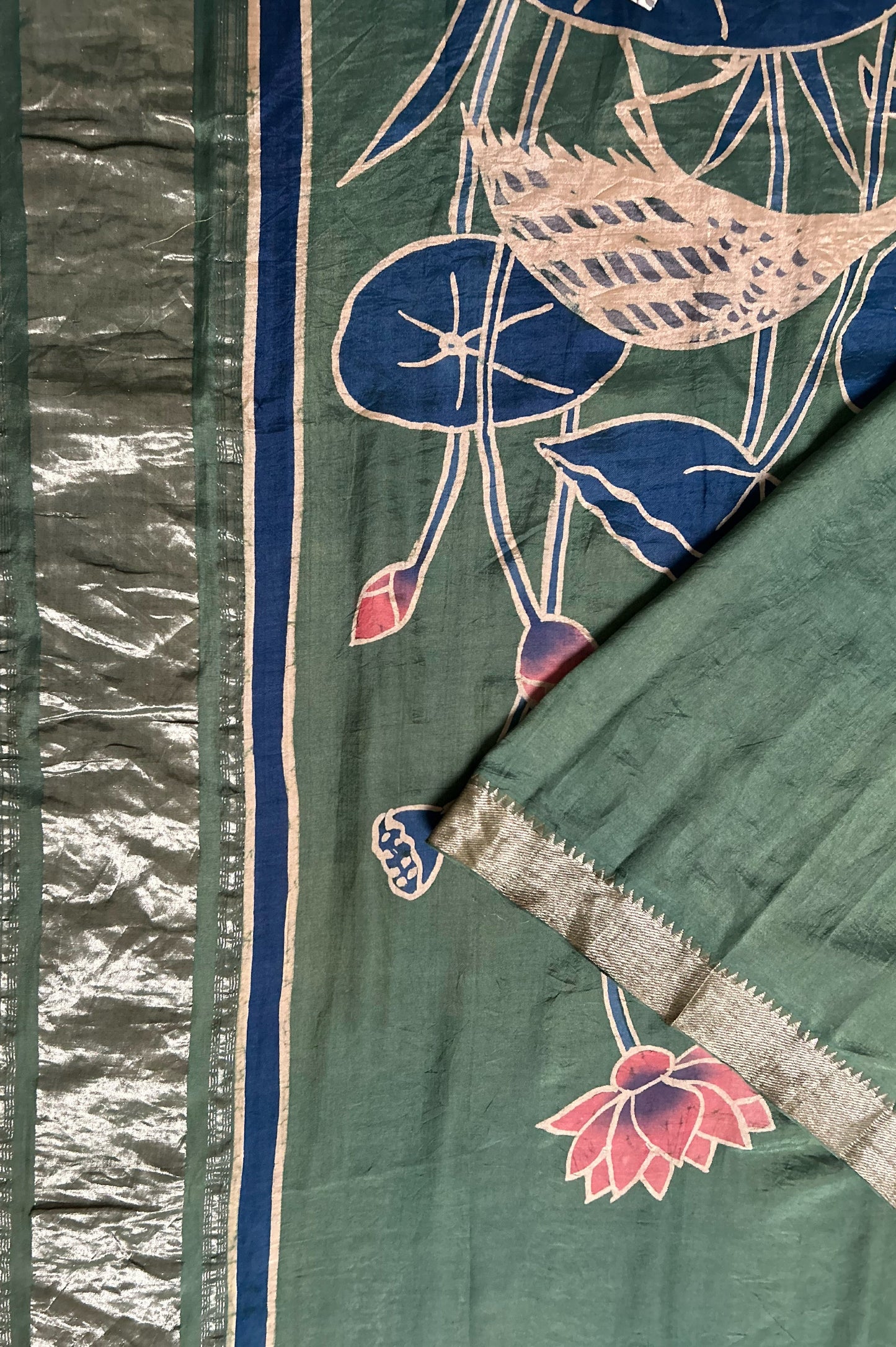 Forest Green Mangalagiri Silk Cotton Saree with Batik Art