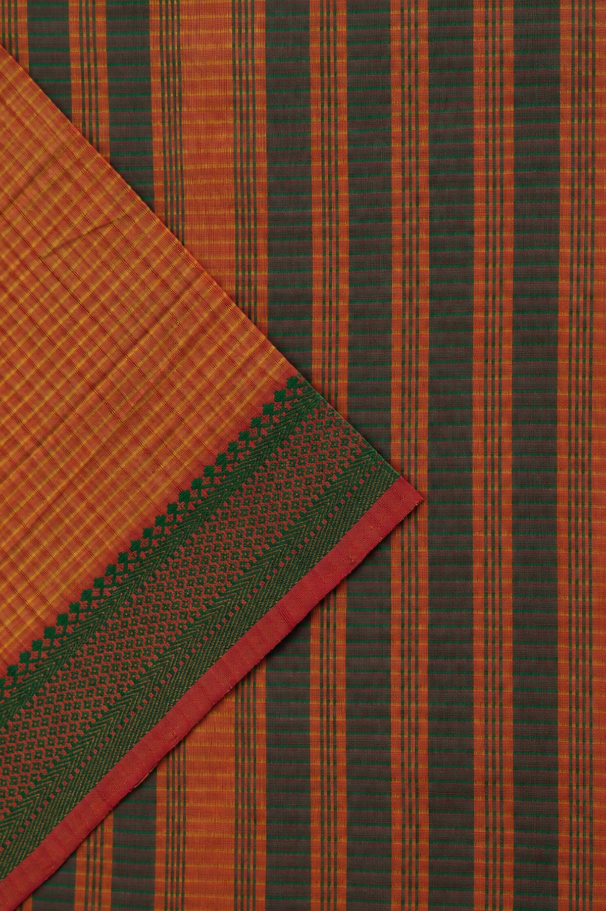 Fanta Orange Plain Mangalagiri Cotton with Green Border Saree