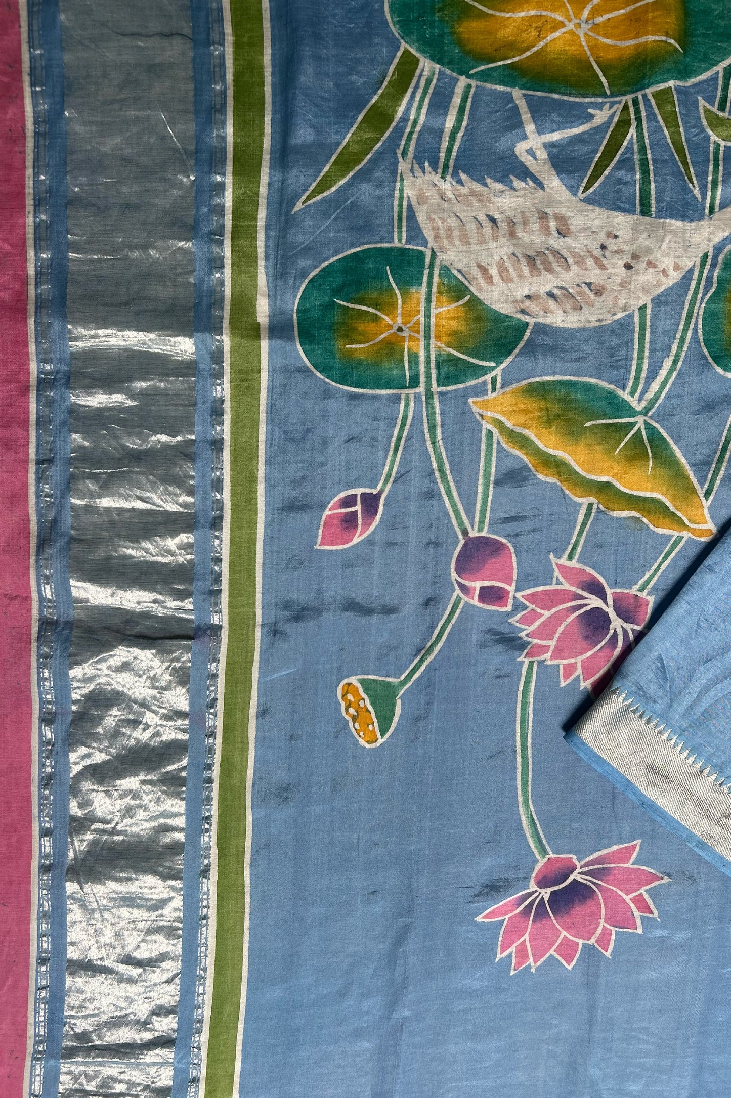 Powder Blue Mangalagiri Silk Cotton Saree with Batik Art