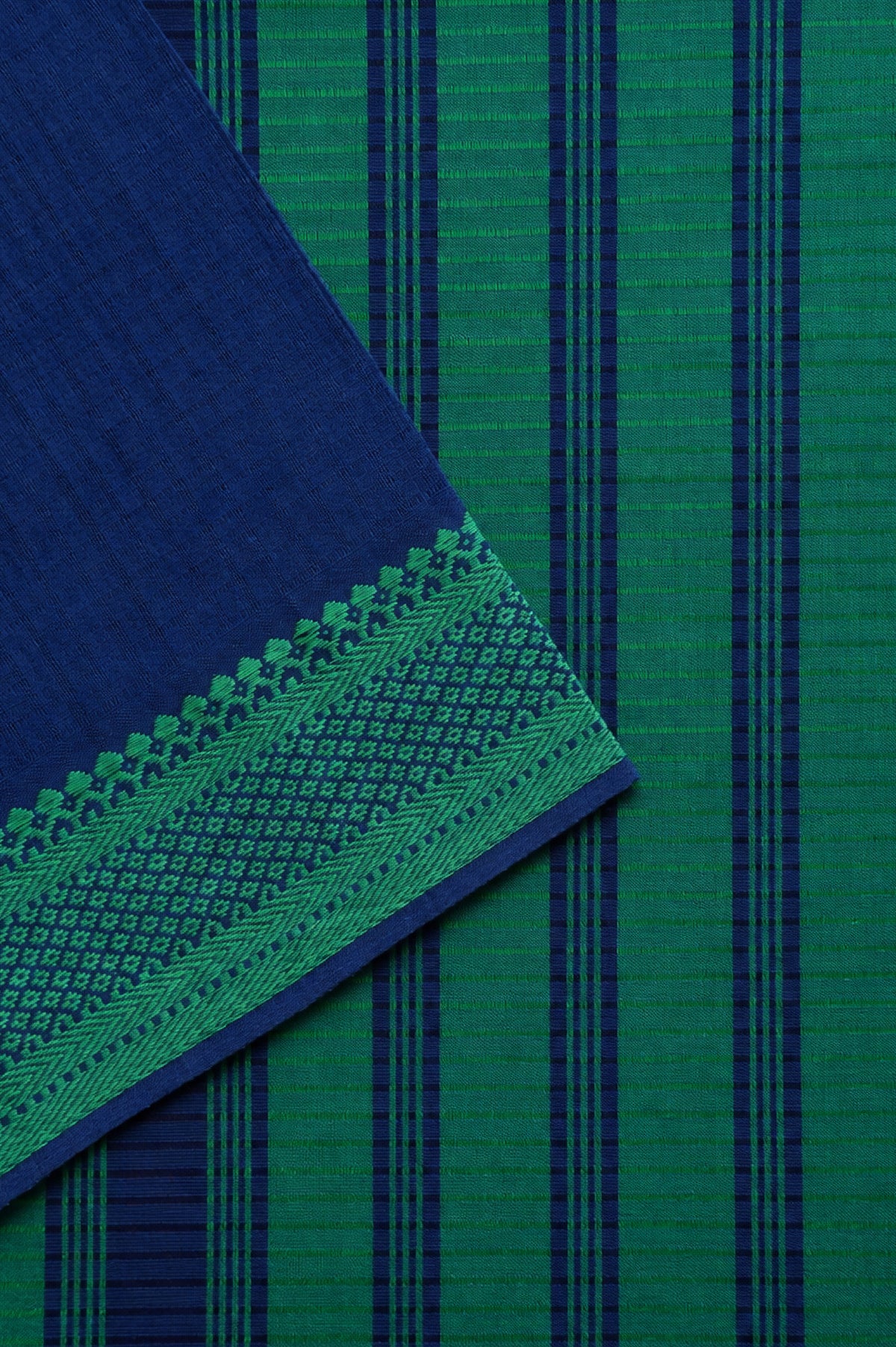 Navy Blue Plain Mangalagiri Cotton with Viridian Green Border Saree