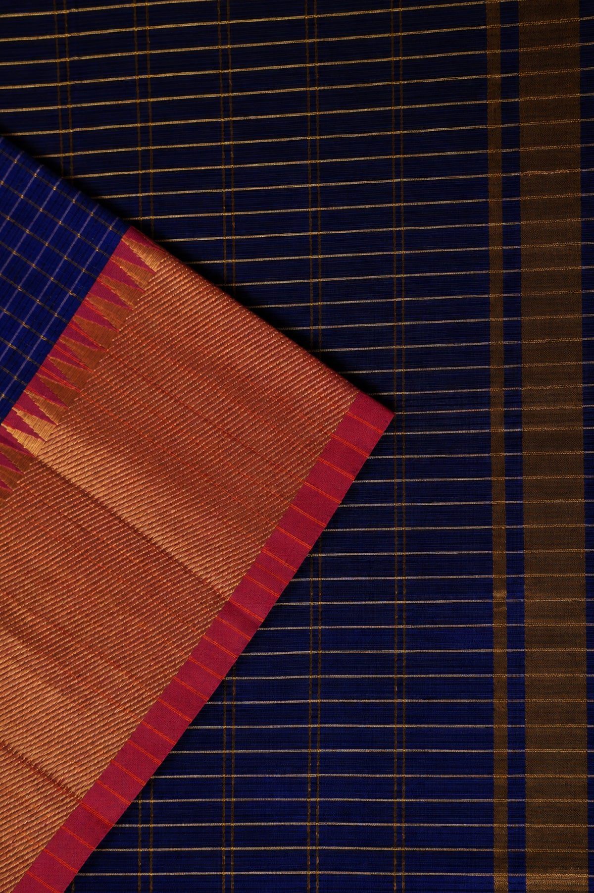 Royal Blue Mangalagiri Silk Cotton with Orange Zari Border Saree