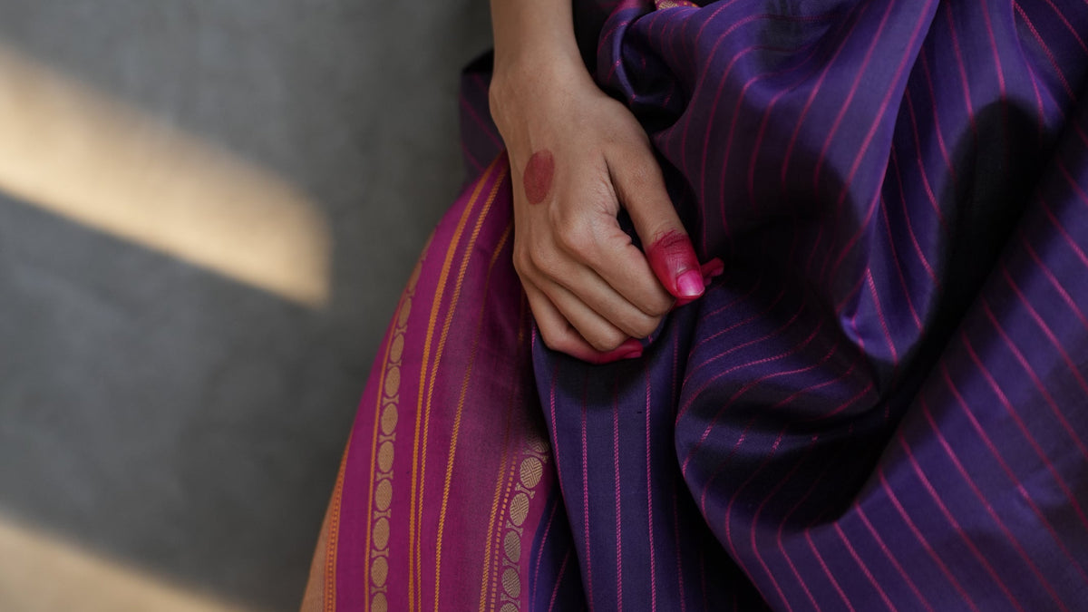 Deep Aubergine Purple Kanjivaram Silk Saree with Magenta Pink Stripes and Contrast Border