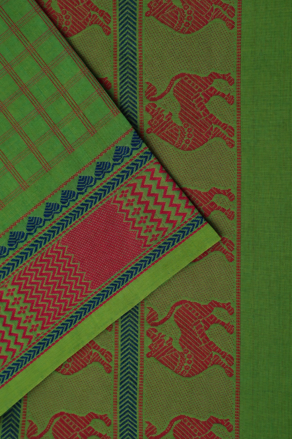 Deep Green Kanchi Cotton With Deep Pink And Blue Border Saree