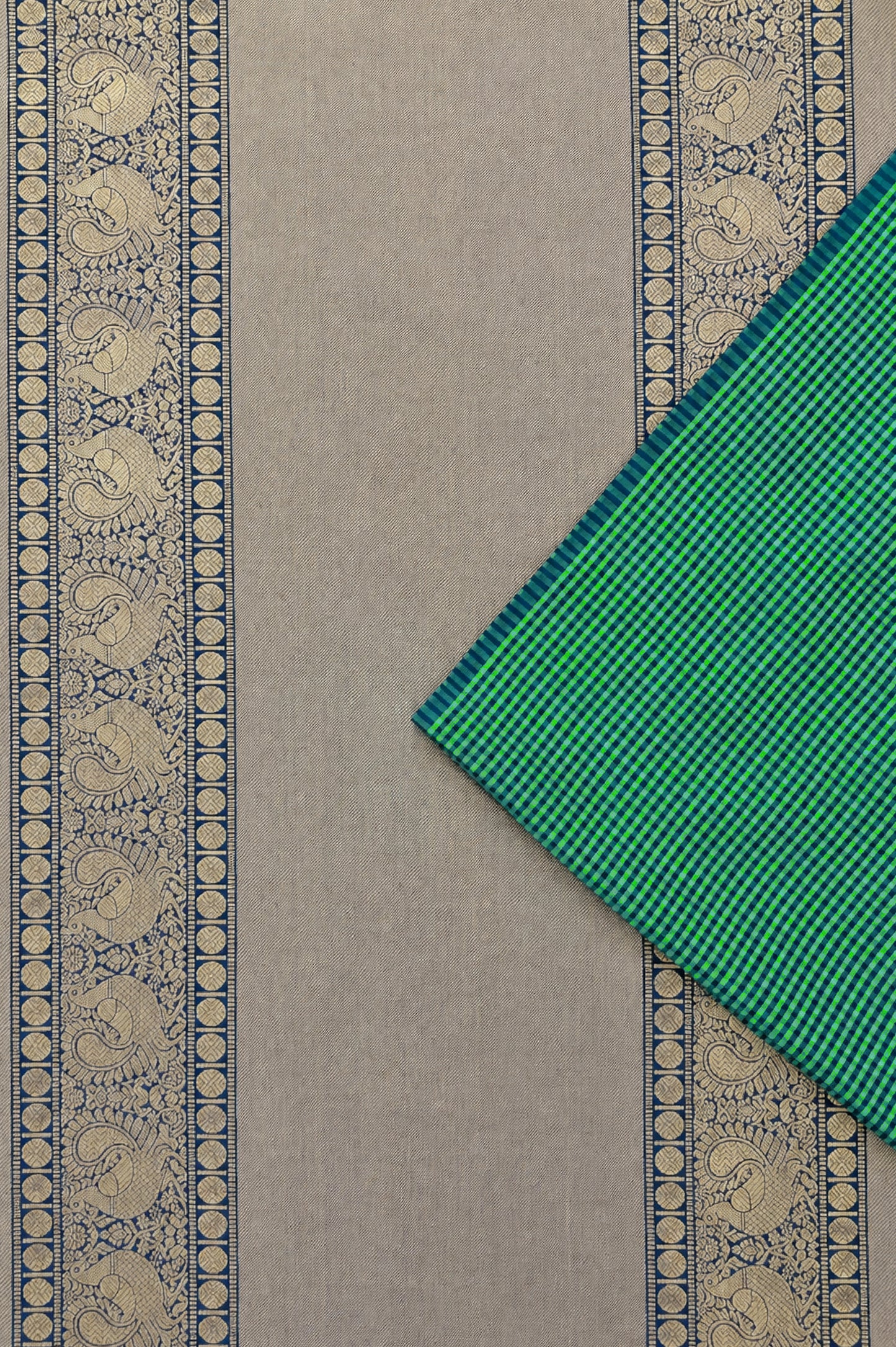 Deep Green & Parrot Green Micro-Check Handwoven Silk with Black Pallu