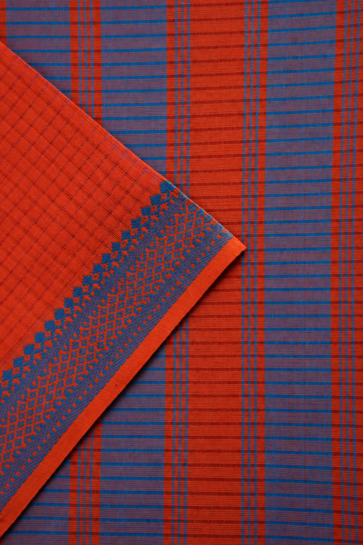 Neon Orange Plain Mangalagiri Cotton with Blue Grey Border Saree