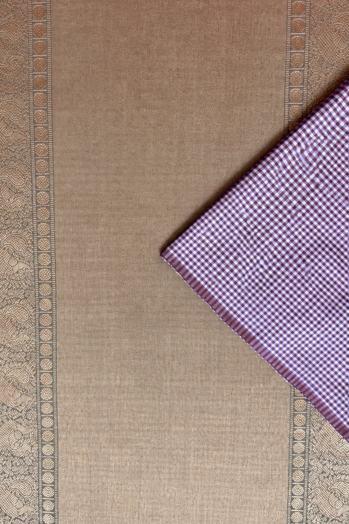 Mauve and Ivory Micro Checks Silk with Olive Green and Gold Pallu Saree