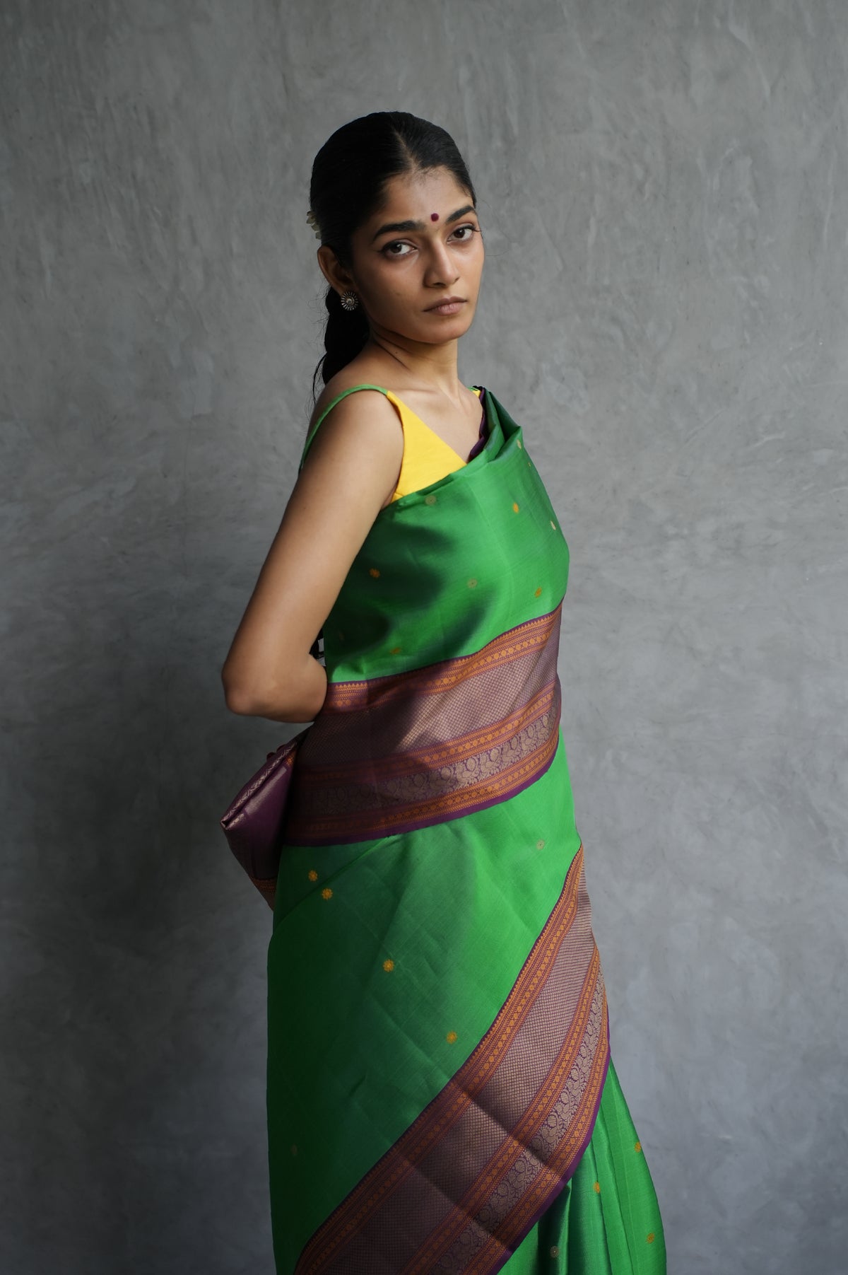 Vibrant Leaf Green Kanjivaram Silk Saree with Deep Plum Thread Work Border