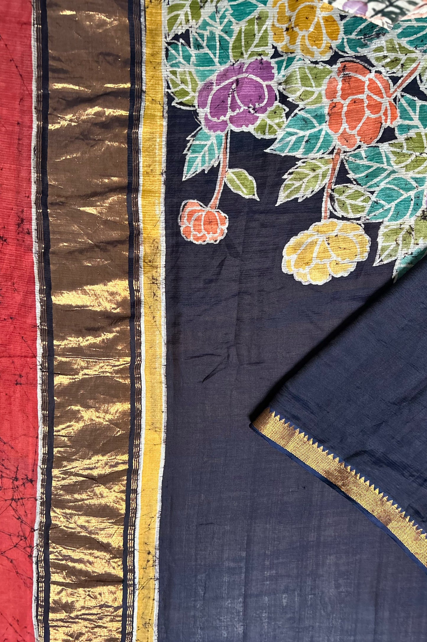 Deep Blue Mangalagiri Silk Cotton Saree with Batik Art
