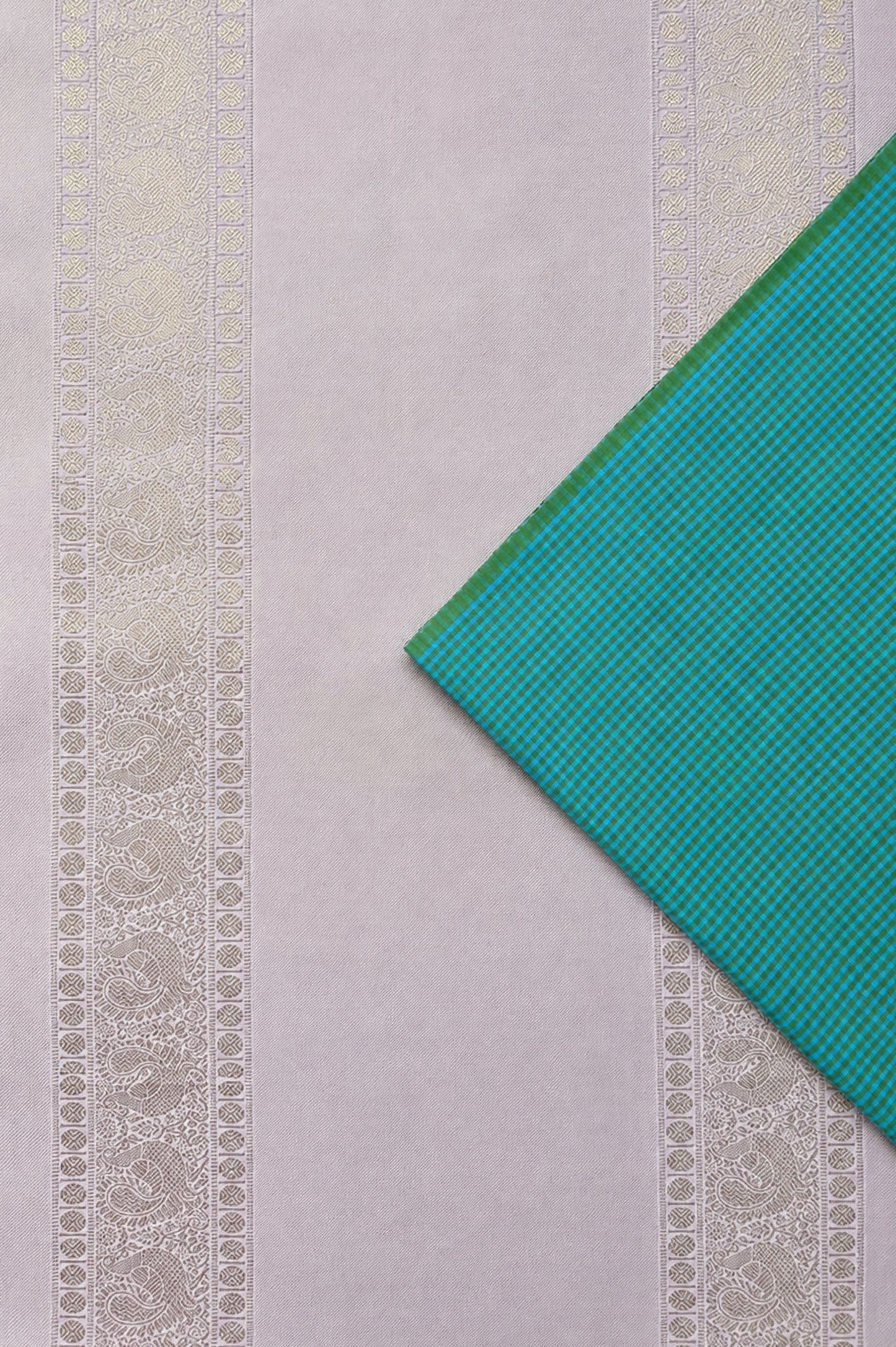Sky Blue and Leaf Green Micro-check Handwoven Silk with Pink Pallu Saree