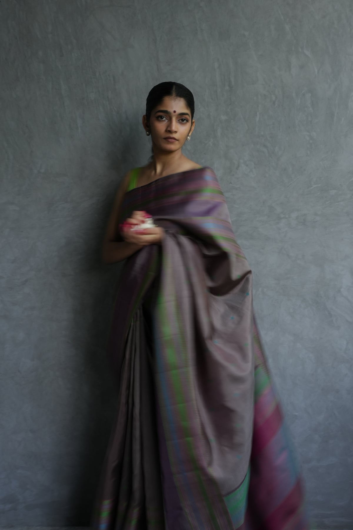 Muted Mauve Grey Kanjivaram Silk Saree with Multicolour Thread Work Border