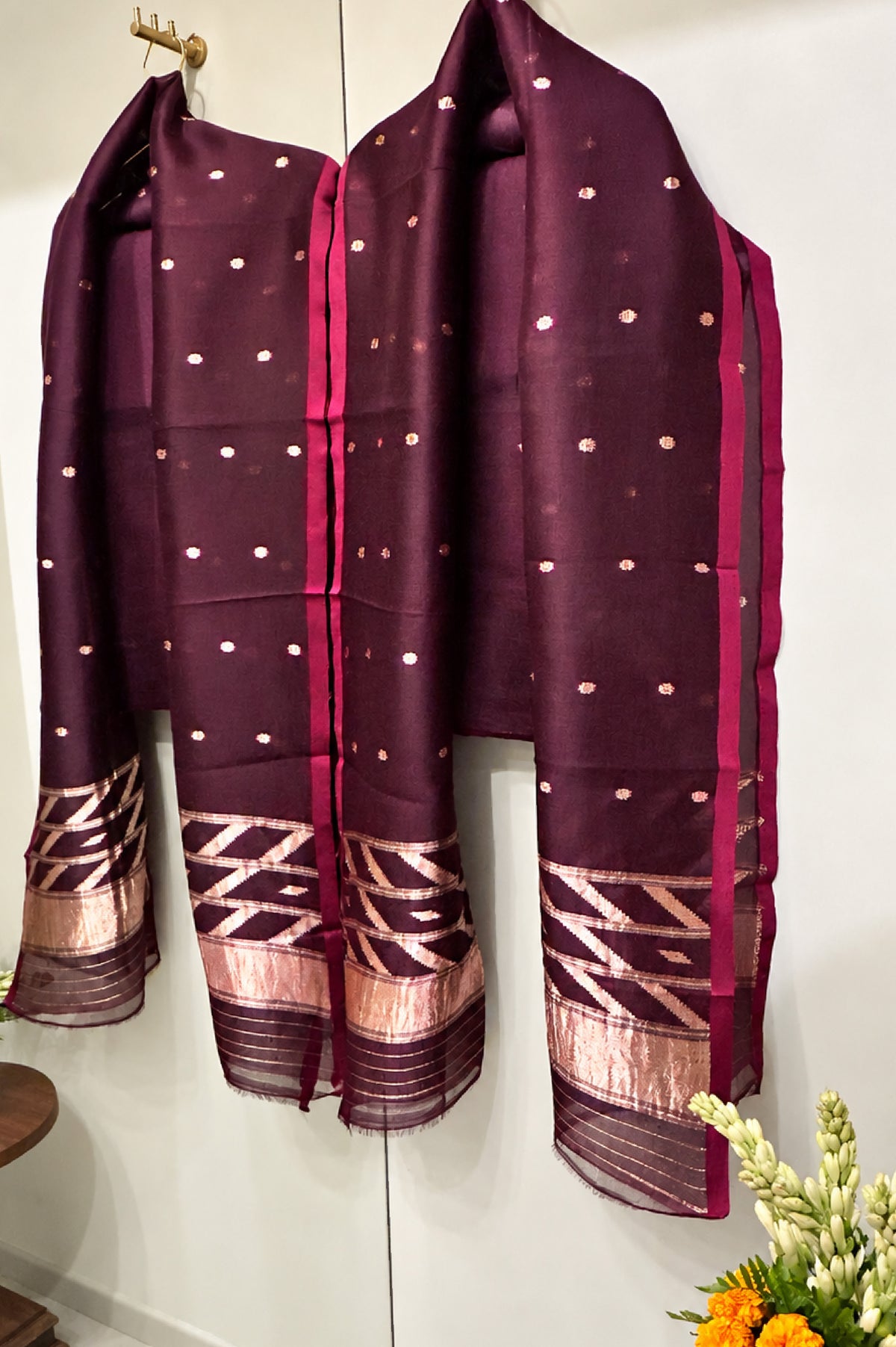 Burgundy Raw Silk and Banaras Organza Unstitched Salwar Suit Fabric