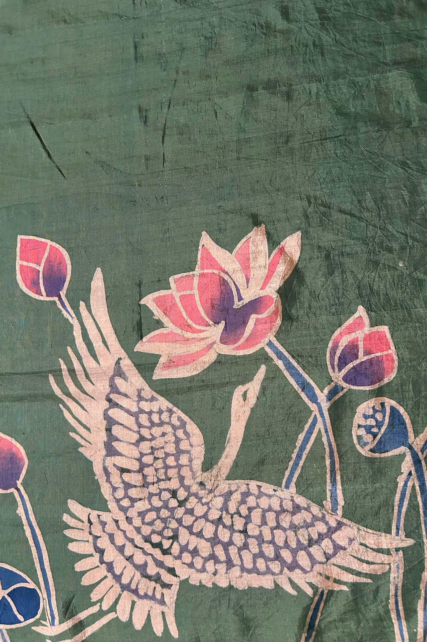 Forest Green Mangalagiri Silk Cotton Saree with Batik Art