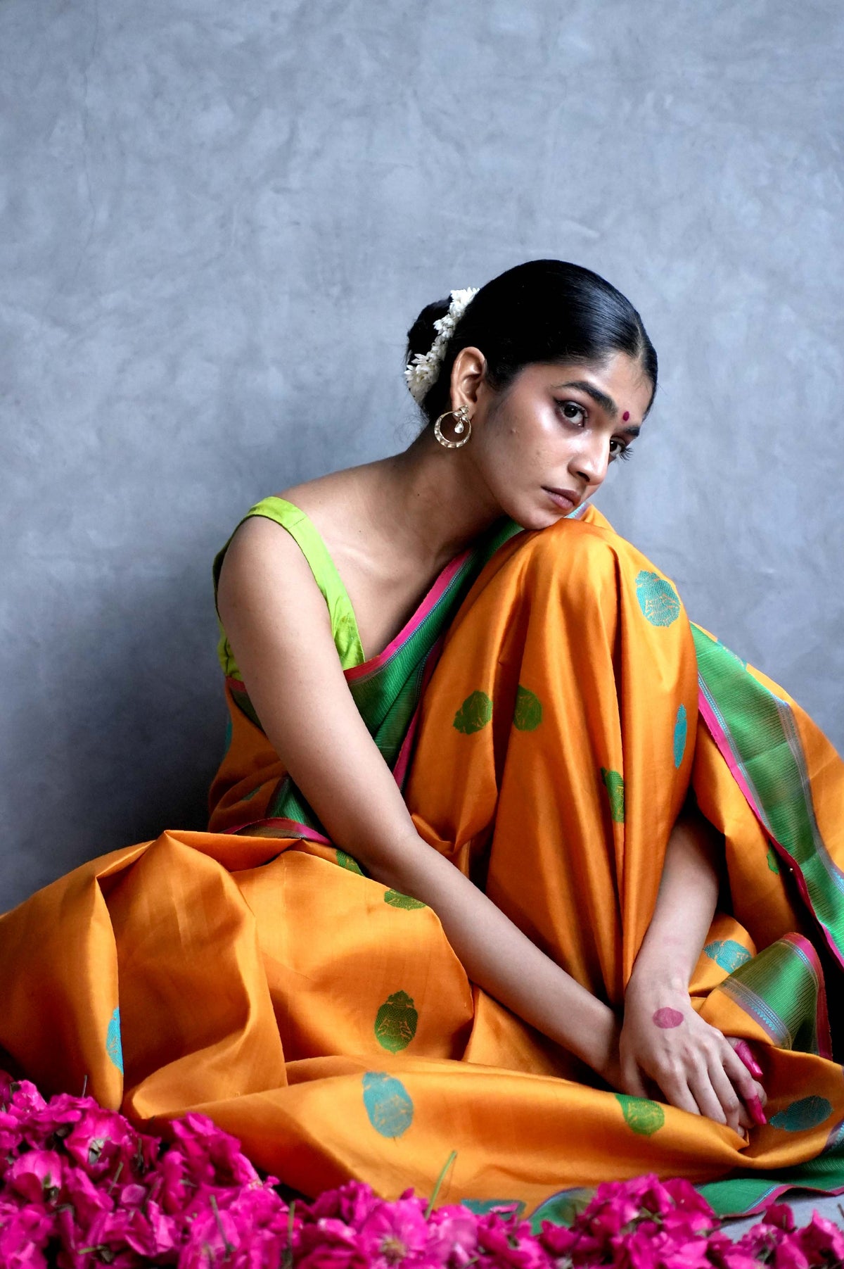 Marigold Orange Kanjivaram Silk Saree with Turquoise and Green Buttas and Contrast Green Border