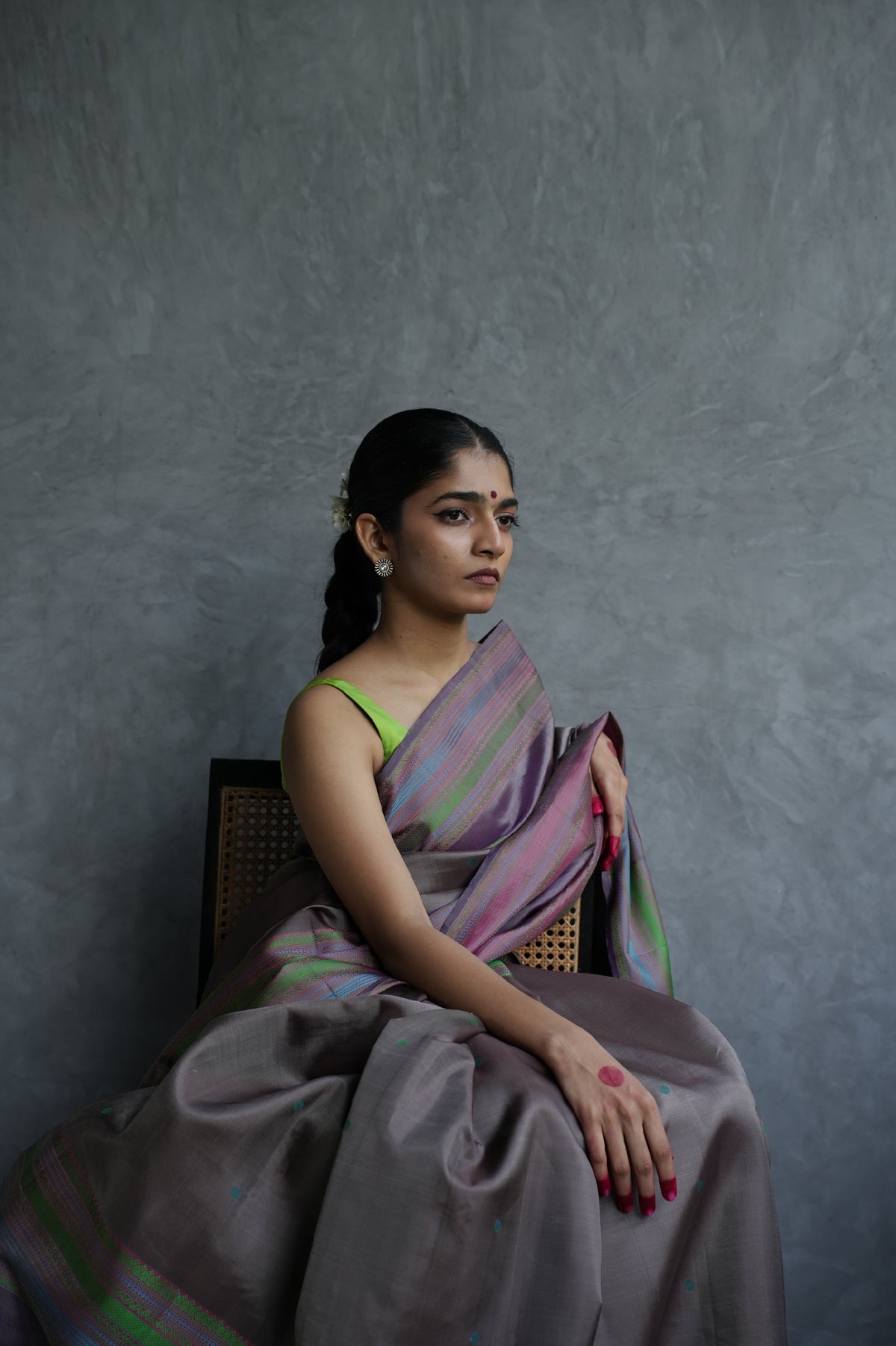 Muted Mauve Grey Kanjivaram Silk Saree with Multicolour Thread Work Border
