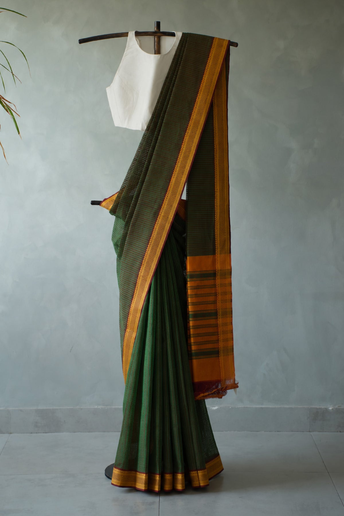 Dark Green Plain Mangalagiri Cotton with Chrome Yellow Border Saree
