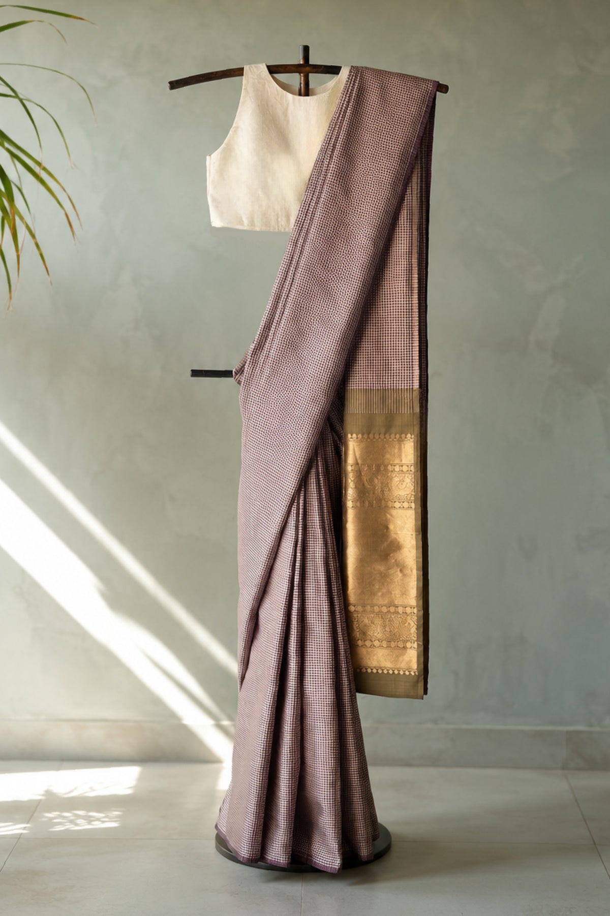 Mauve and Ivory Micro Checks Silk with Olive Green and Gold Pallu Saree