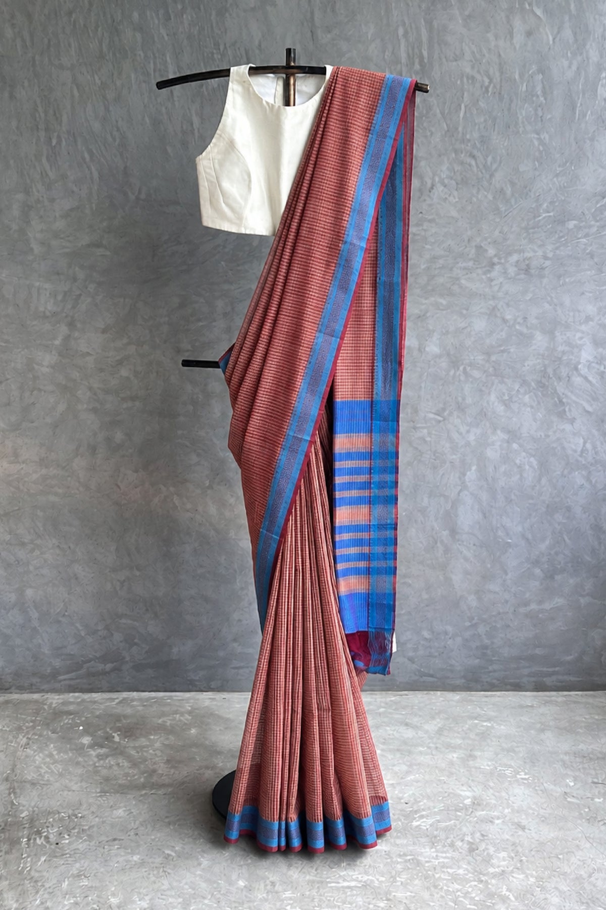 Maroon Micro Check Mangalagiri Cotton with Light Blue Border Saree