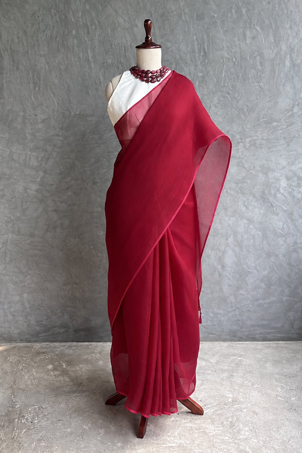 Deep Maroon Leno Organza Silk Saree