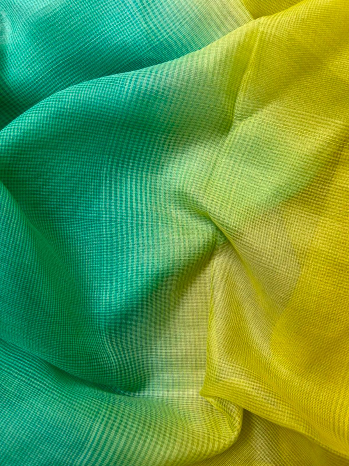 Citron Yellow, Lime Green & Peacock Teal Doria Silk Cotton Check Saree