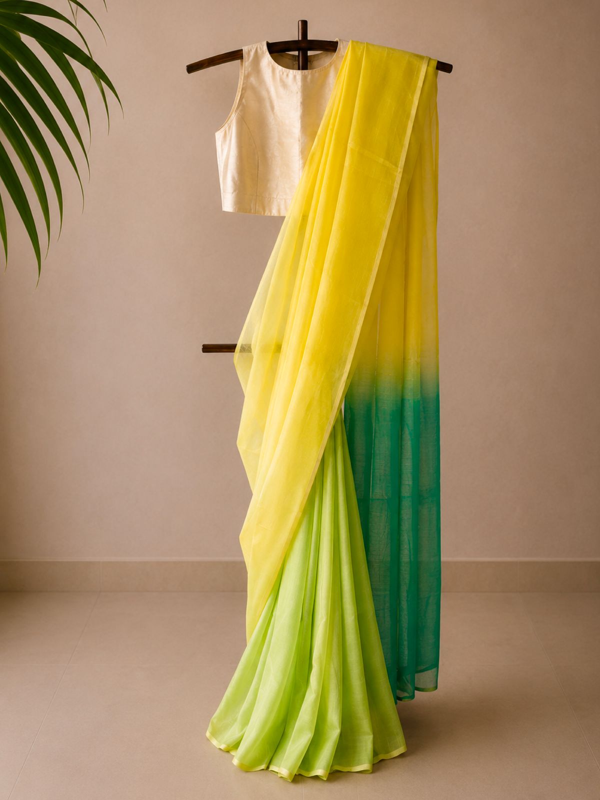 Citron Yellow, Lime Green & Peacock Teal Doria Silk Cotton Check Saree