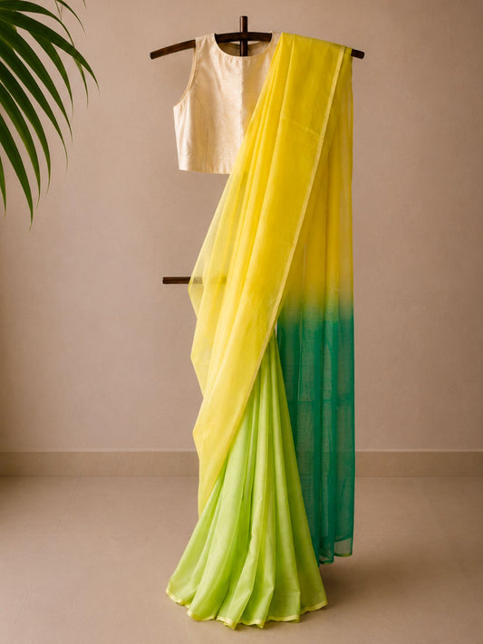 Citron Yellow, Lime Green & Peacock Teal Doria Silk Cotton Check Saree