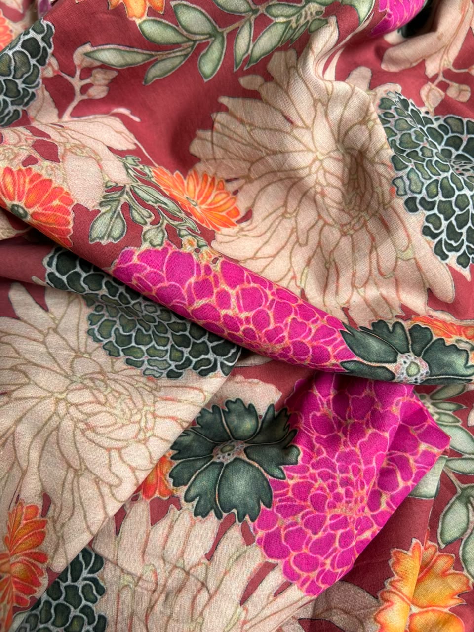 Multi-Color Floral Printed Chanderi Silk by Cotton