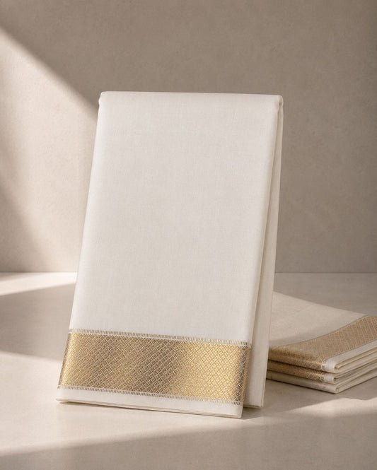 White Veshti with Gold Zari Kan Border