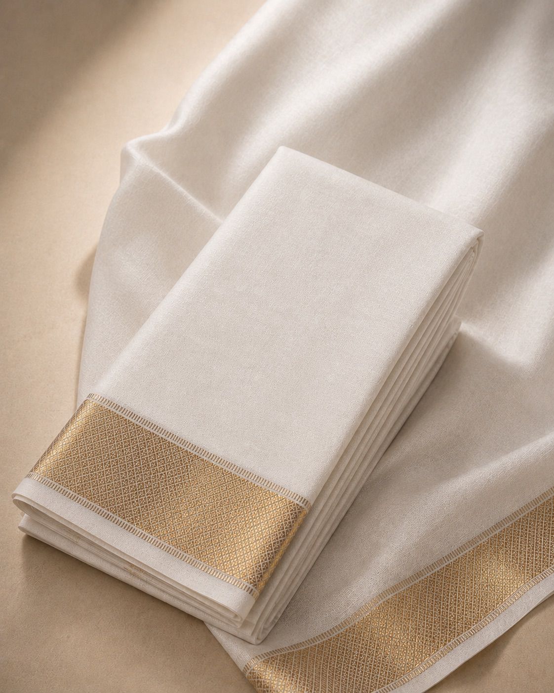 White Veshti with Gold Zari Kan Border