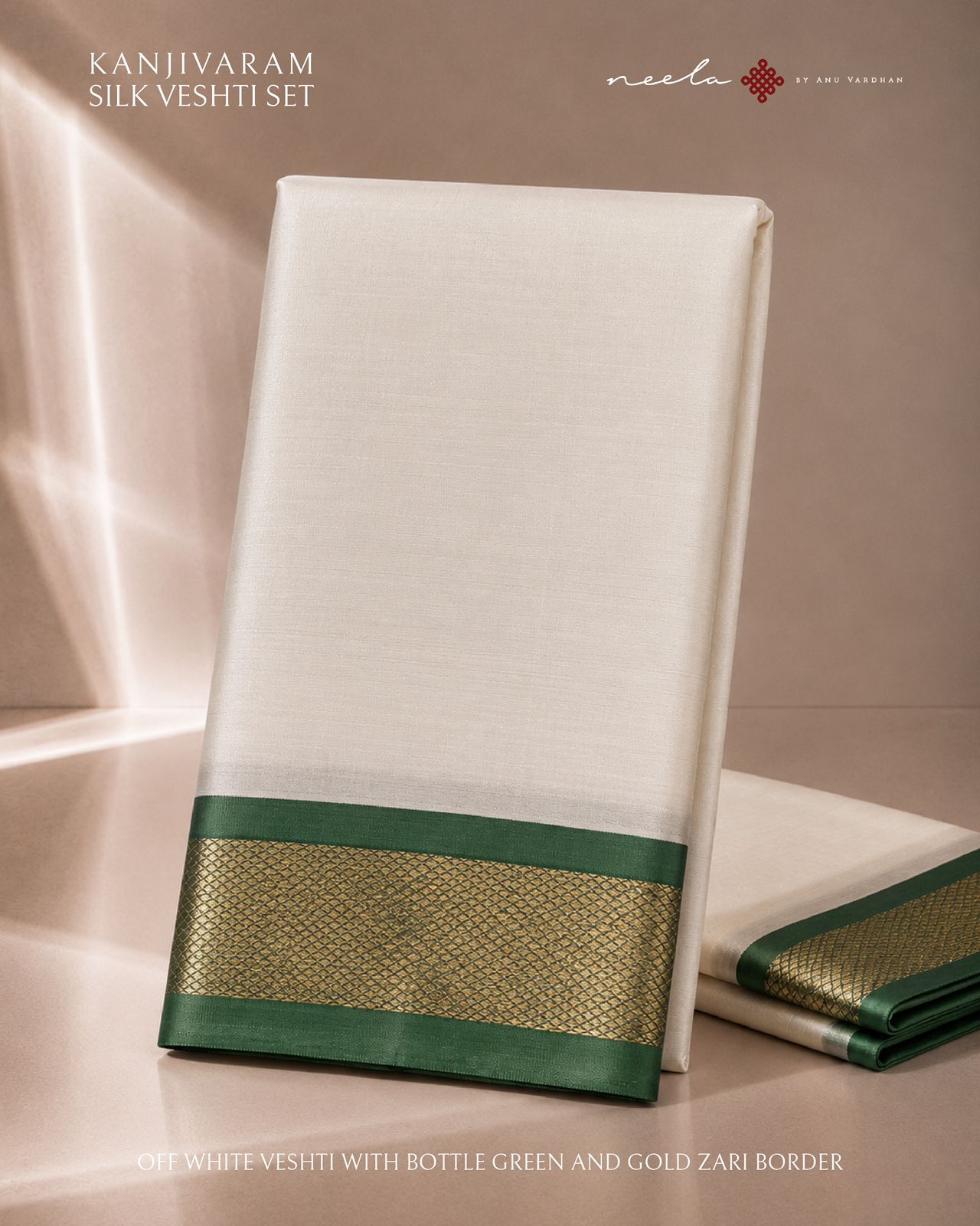 Off White Kanjivaram Silk Vesti with Bottle Green and Gold Zari Border