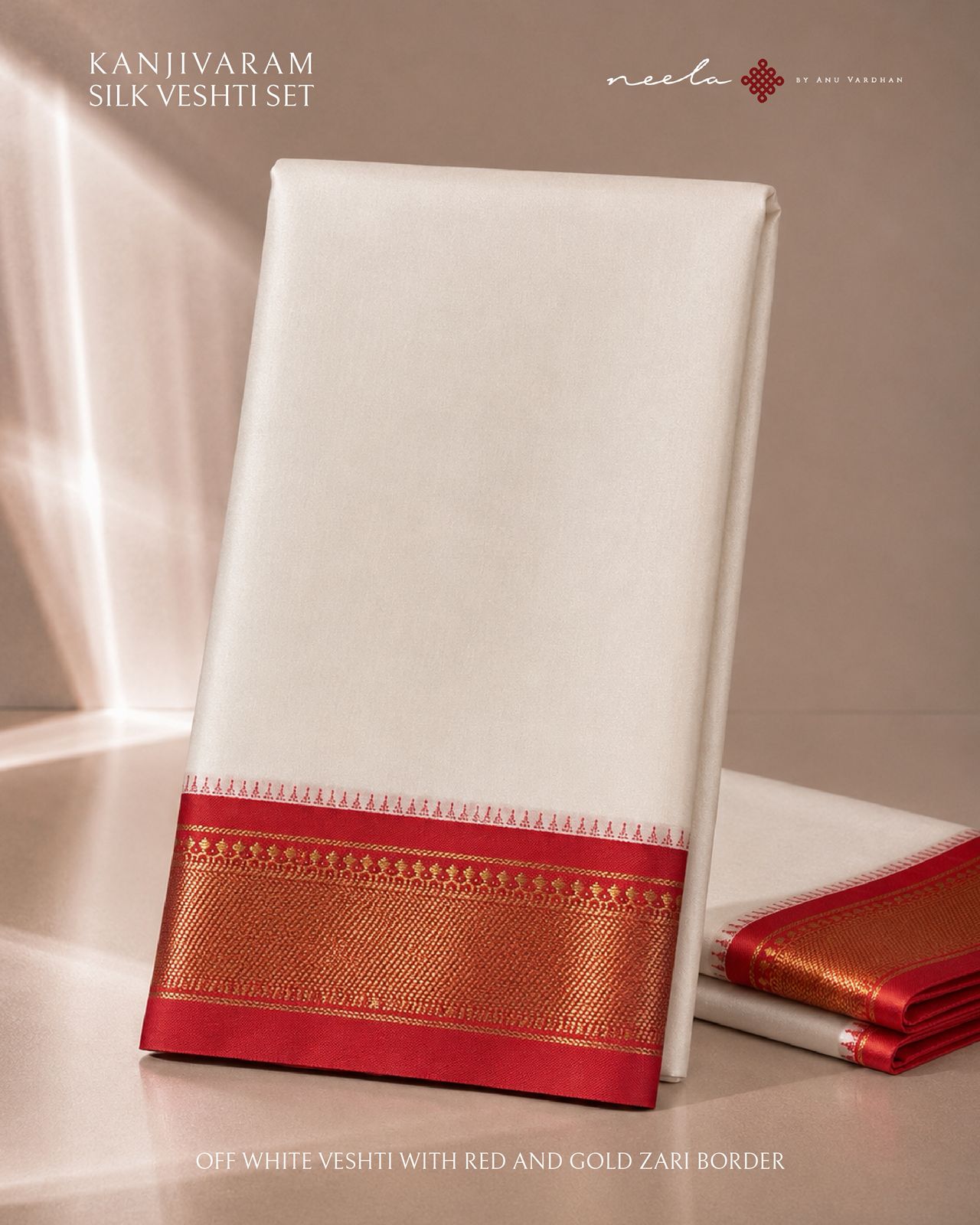 Off White Kanjivaram Silk Vesti with Red and Gold Zari Border