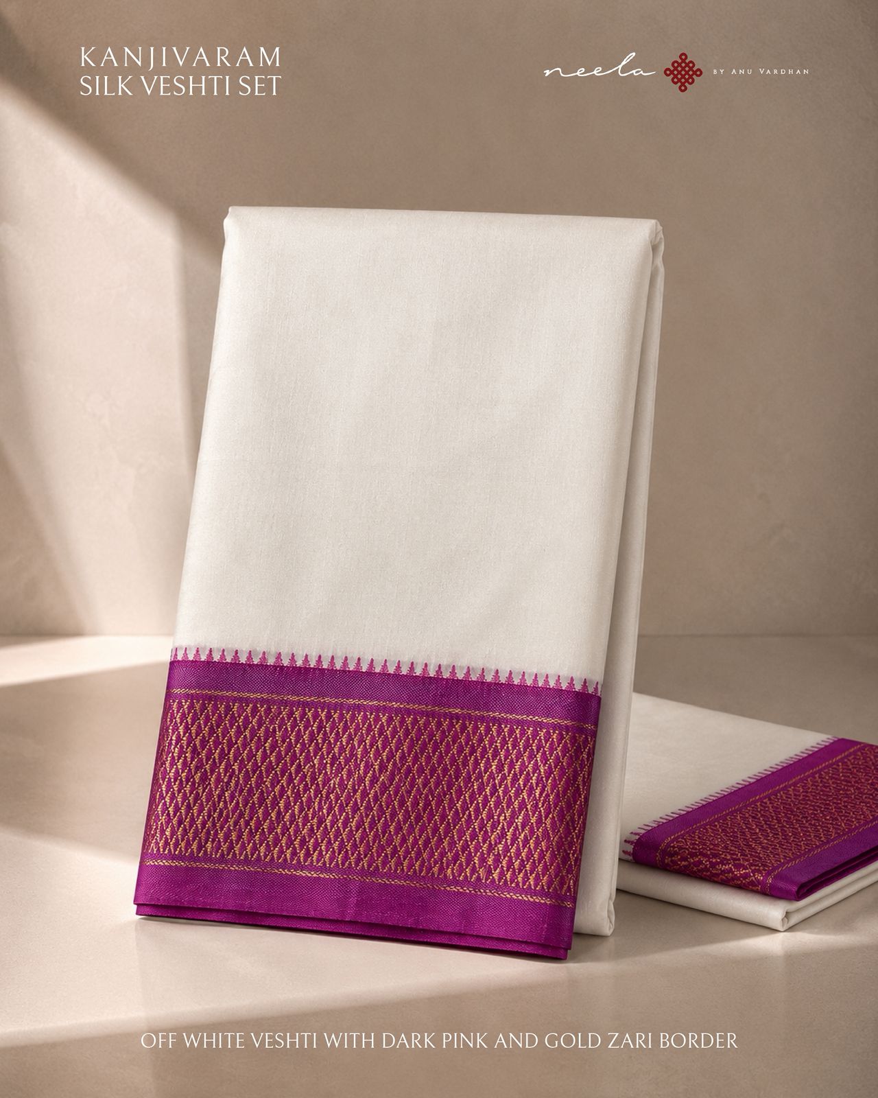 Off White Kanjivaram Silk Vesti with Dark Pink and Gold Zari Border