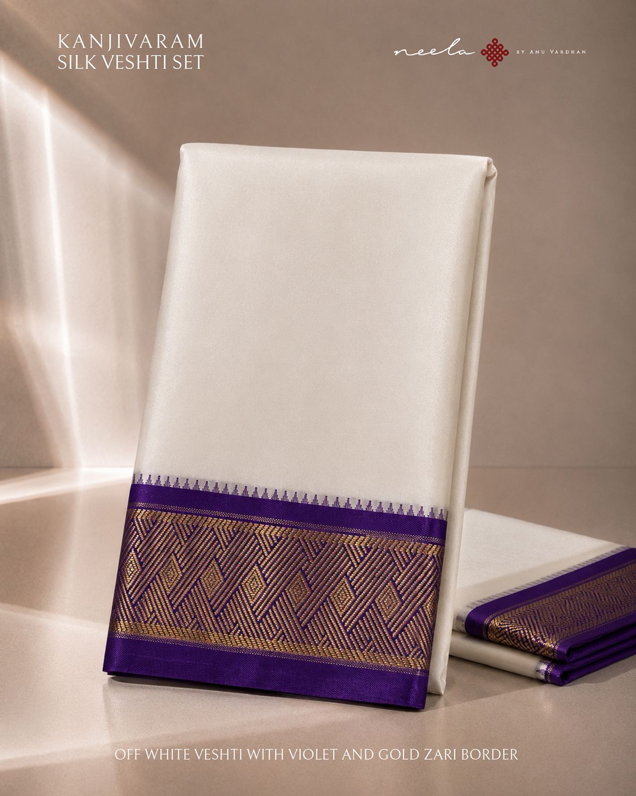 Off White Kanjivaram Silk Vesti with Voilet and Gold Zari Border