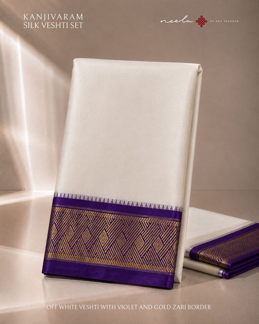 Off White Kanjivaram Silk Vesti with Voilet and Gold Zari Border