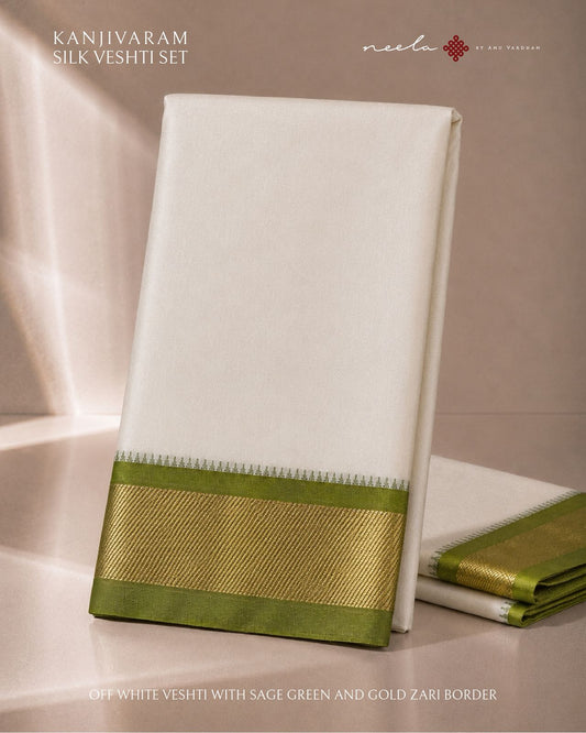 Off White Kanjivaram Silk Vesti with Sage Green  and Gold Zari Border