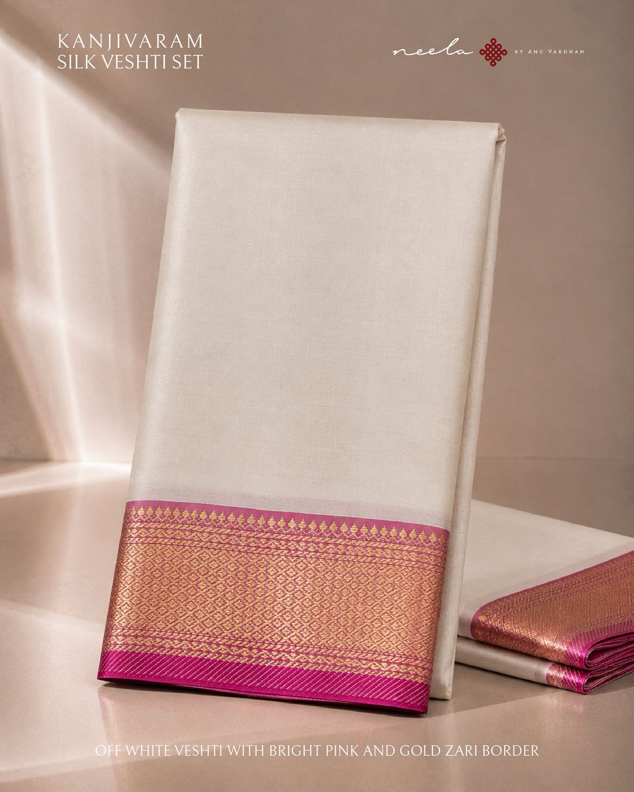 Off White Kanjivaram Silk Vesti with Bright pink and Gold Zari Border