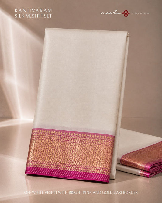 Off White Kanjivaram Silk Vesti with Bright pink and Gold Zari Border