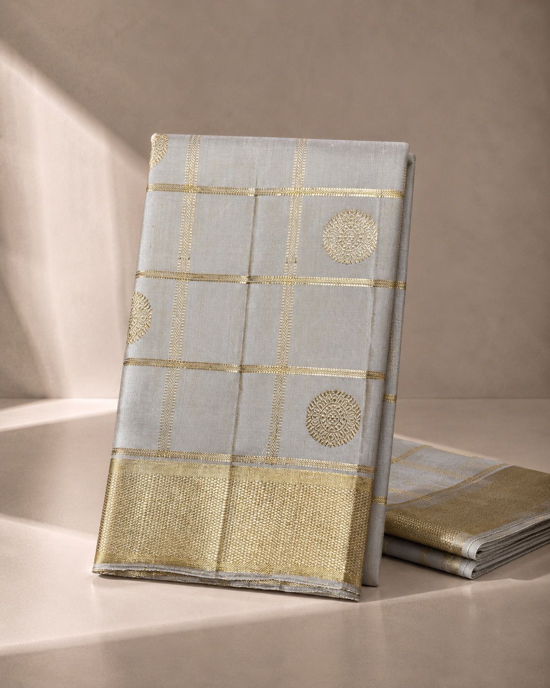 Greyish Blue Checks  Kanjivaram Silk Vesti with Golden Border