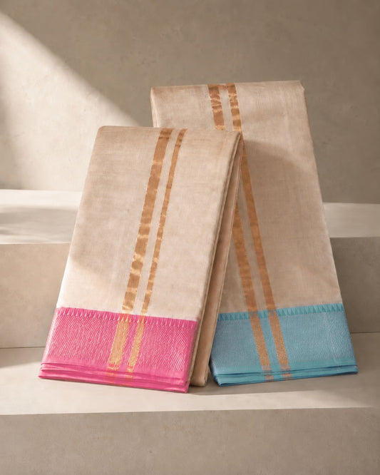 Ivory Mangalagiri Silk Cotton Veshti with Contrast Lotus Pink and Sky Blue border