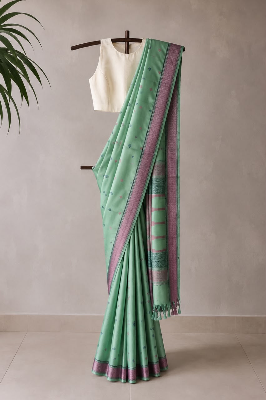 Mint Green & Dusky Mauve Threadwork Pure Kanjivaram Silk Saree
