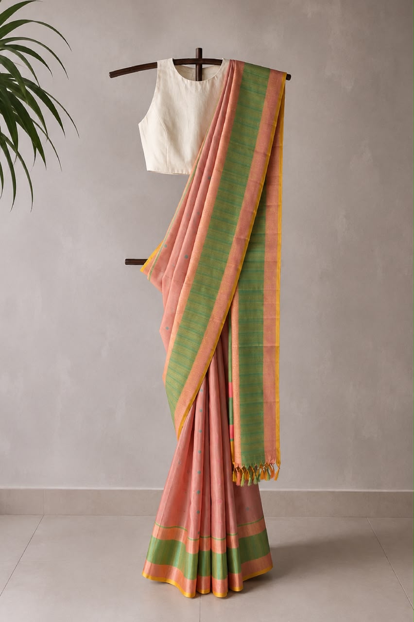 Champagne Beige & Lavender Threadwork Pure Kanjivaram Silk Saree